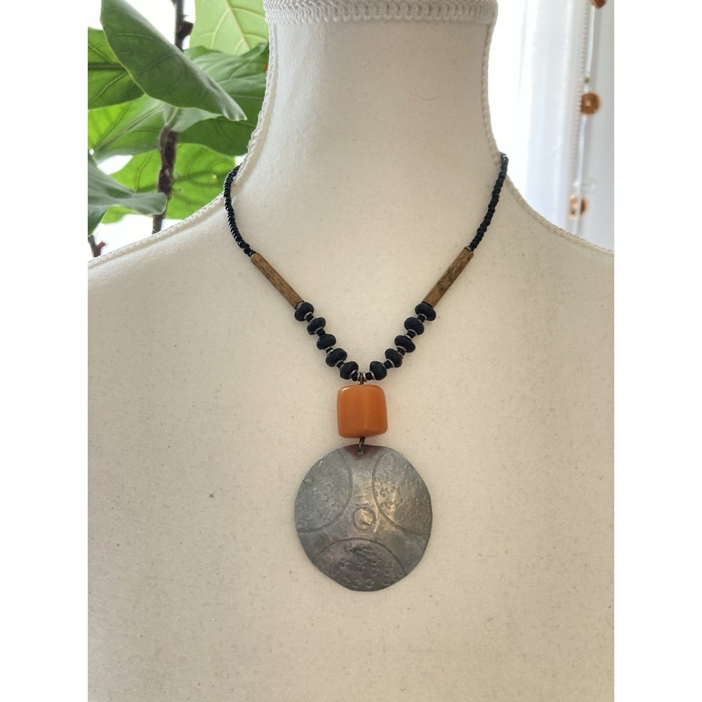 Artisan Mixed Media Necklace Orange Resin Bead Metal Disc Pendant Artsy Boho